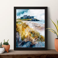 Bamburgh Castle Watercolor Poster Northumberland Travel Print England Wall Art Coastal Fortress Decor Historic Landscape Scenic Print