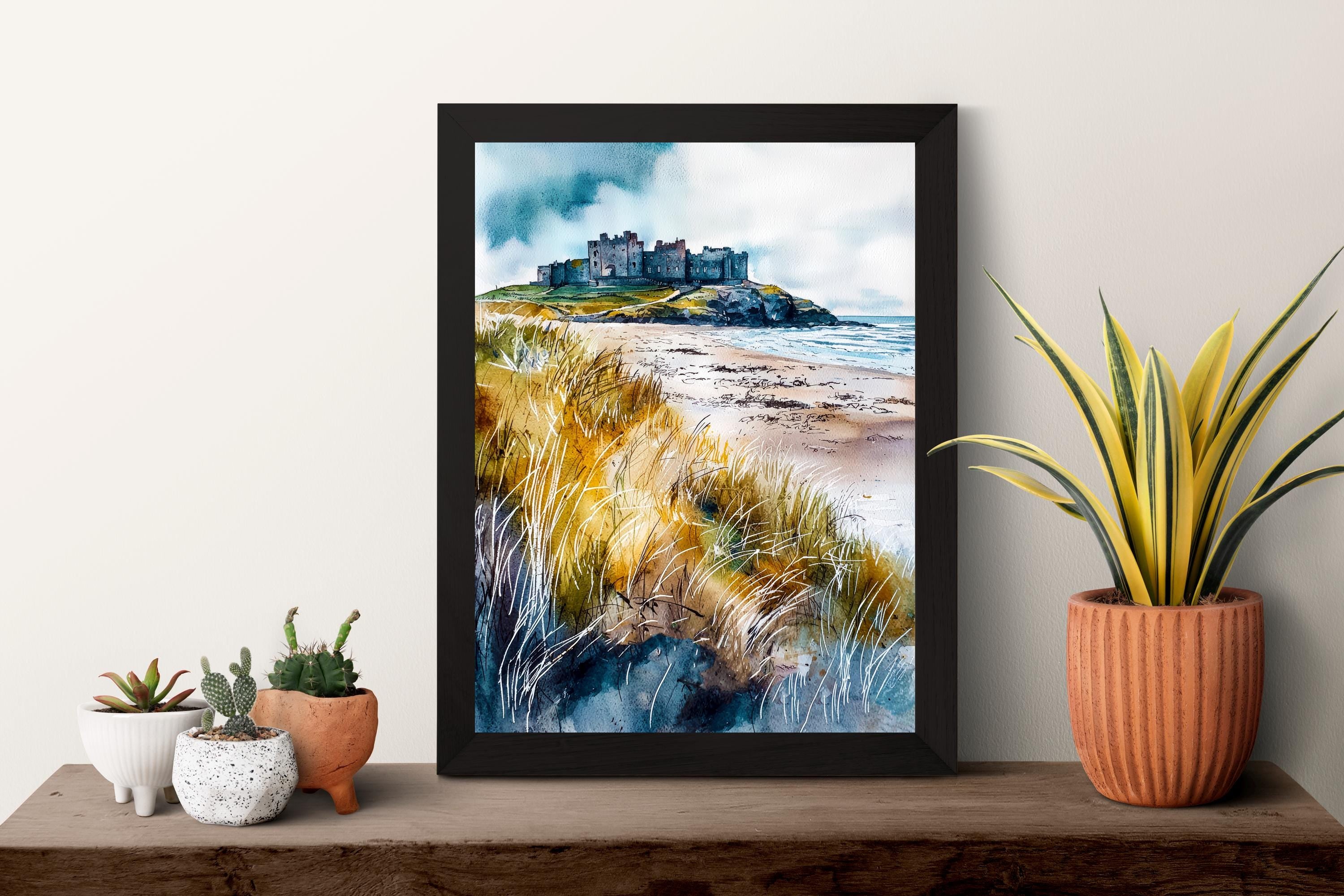 Bamburgh Castle Watercolor Poster Northumberland Travel Print England Wall Art Coastal Fortress Decor Historic Landscape Scenic Print