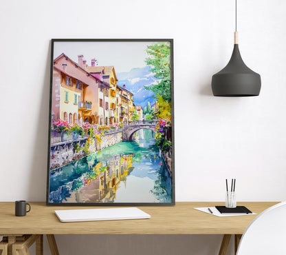 Annecy Watercolor Poster Annecy Travel Print France Wall Art French Alps Decor Annecy Lake Scene Canal City Landscape Architecture Print