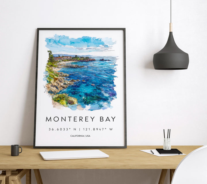 Monterey Bay Watercolor Poster Monterey Bay California Travel Print Wall Art Monterey Bay Home Decor Monterey Bay Gift Art Lovers Coastal