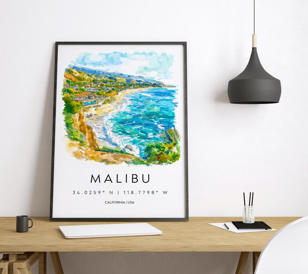 Malibu Watercolor Poster Malibu California Travel Print Wall Art Malibu Home Decor Malibu Gift Art Lovers California Beach Town
