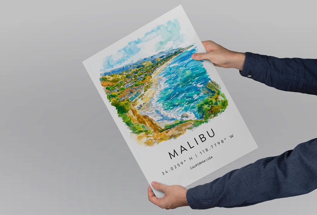 Malibu Watercolor Poster Malibu California Travel Print Wall Art Malibu Home Decor Malibu Gift Art Lovers California Beach Town