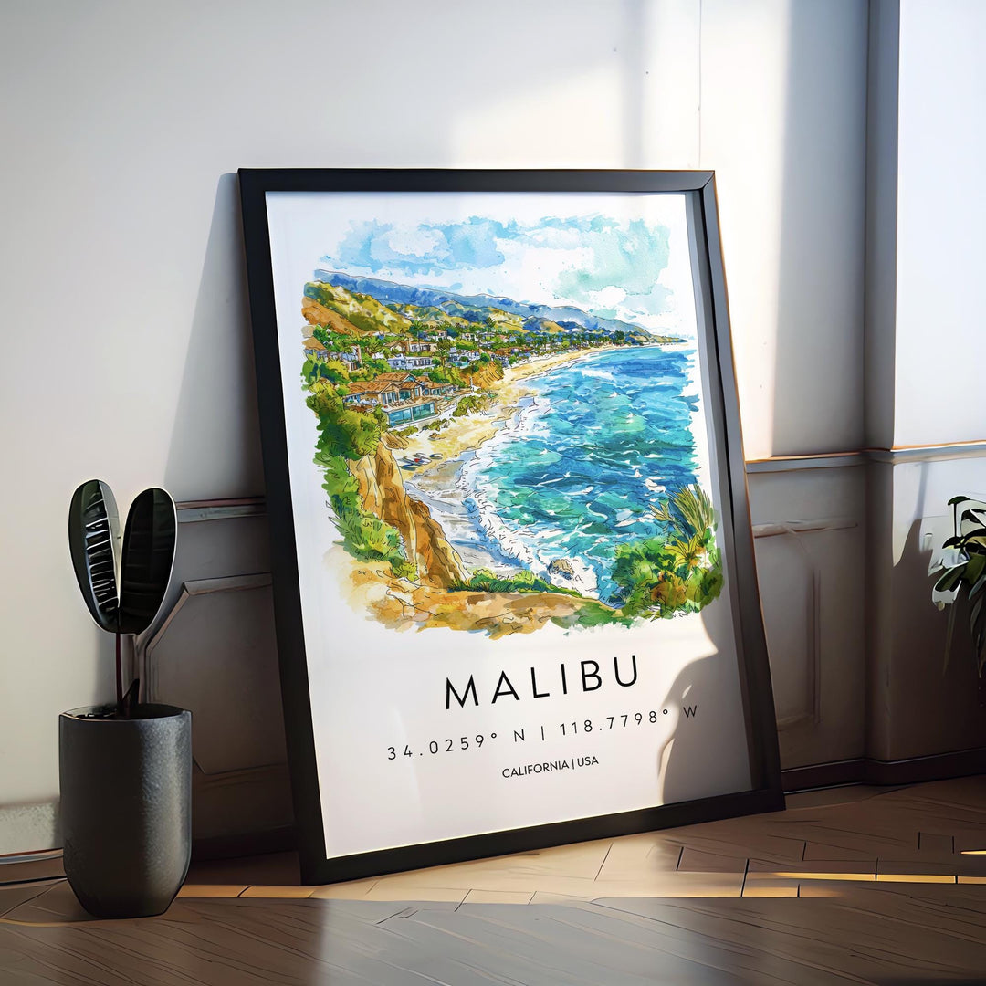 Malibu Watercolor Poster Malibu California Travel Print Wall Art Malibu Home Decor Malibu Gift Art Lovers California Beach Town