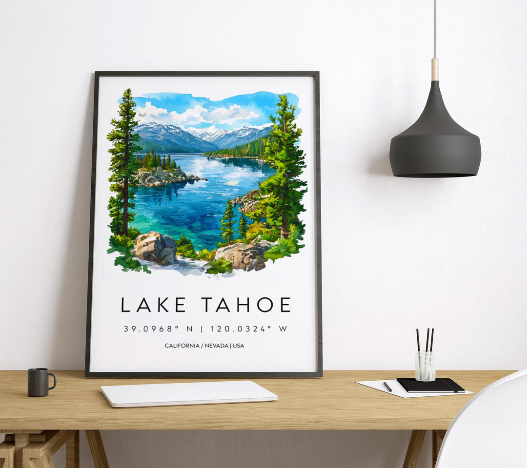 Lake Tahoe Watercolor Poster Lake Tahoe California Travel Print Wall Art Lake Tahoe Home Decor Lake Tahoe Gift Art Lovers Lake Tahoe