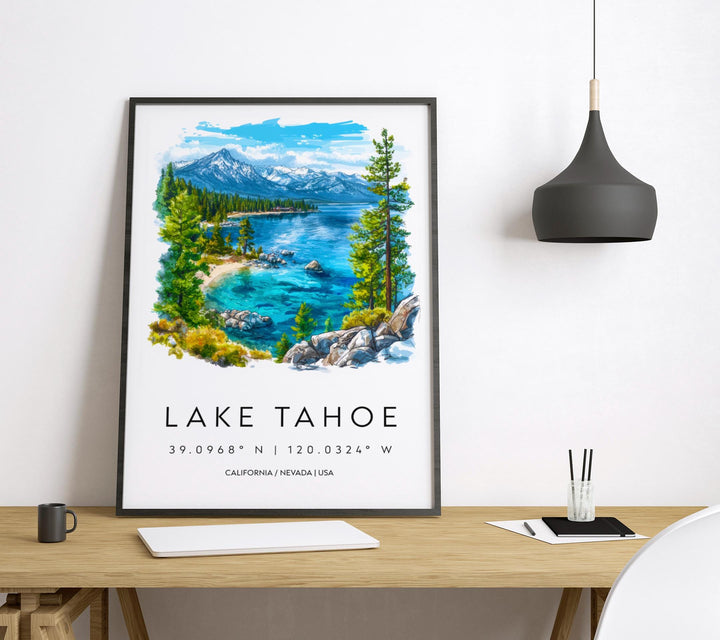 Lake Tahoe Watercolor Poster Lake Tahoe California Travel Print Wall Art Lake Tahoe Home Decor Lake Tahoe Gift Art Lovers Lake Tahoe
