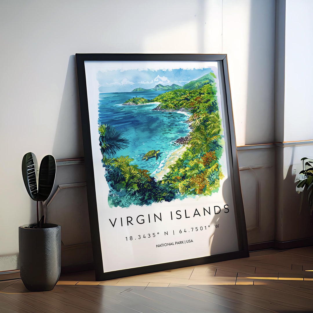 Virgin Islands Watercolor Poster Caribbean Travel Print Island Wall Art Virgin Islands Decor Tropical Landscape Beach Scene Ocean View Print