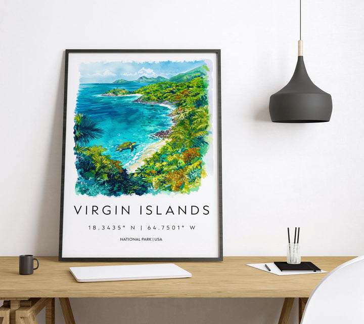 Virgin Islands Watercolor Poster Caribbean Travel Print Island Wall Art Virgin Islands Decor Tropical Landscape Beach Scene Ocean View Print