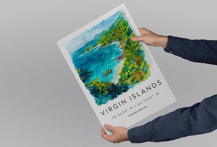 Virgin Islands Watercolor Poster Caribbean Travel Print Island Wall Art Virgin Islands Decor Tropical Landscape Beach Scene Ocean View Print