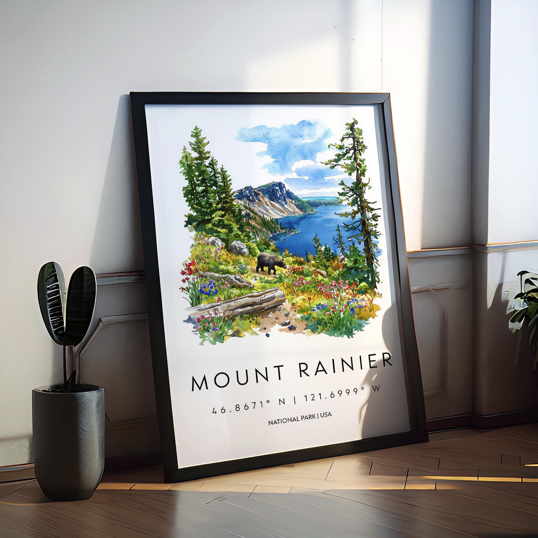 Mount Rainier Watercolor Poster Mount Rainier Travel Print Washington Wall Art National Park Decor Mountain Scene Alpine Landscape Print