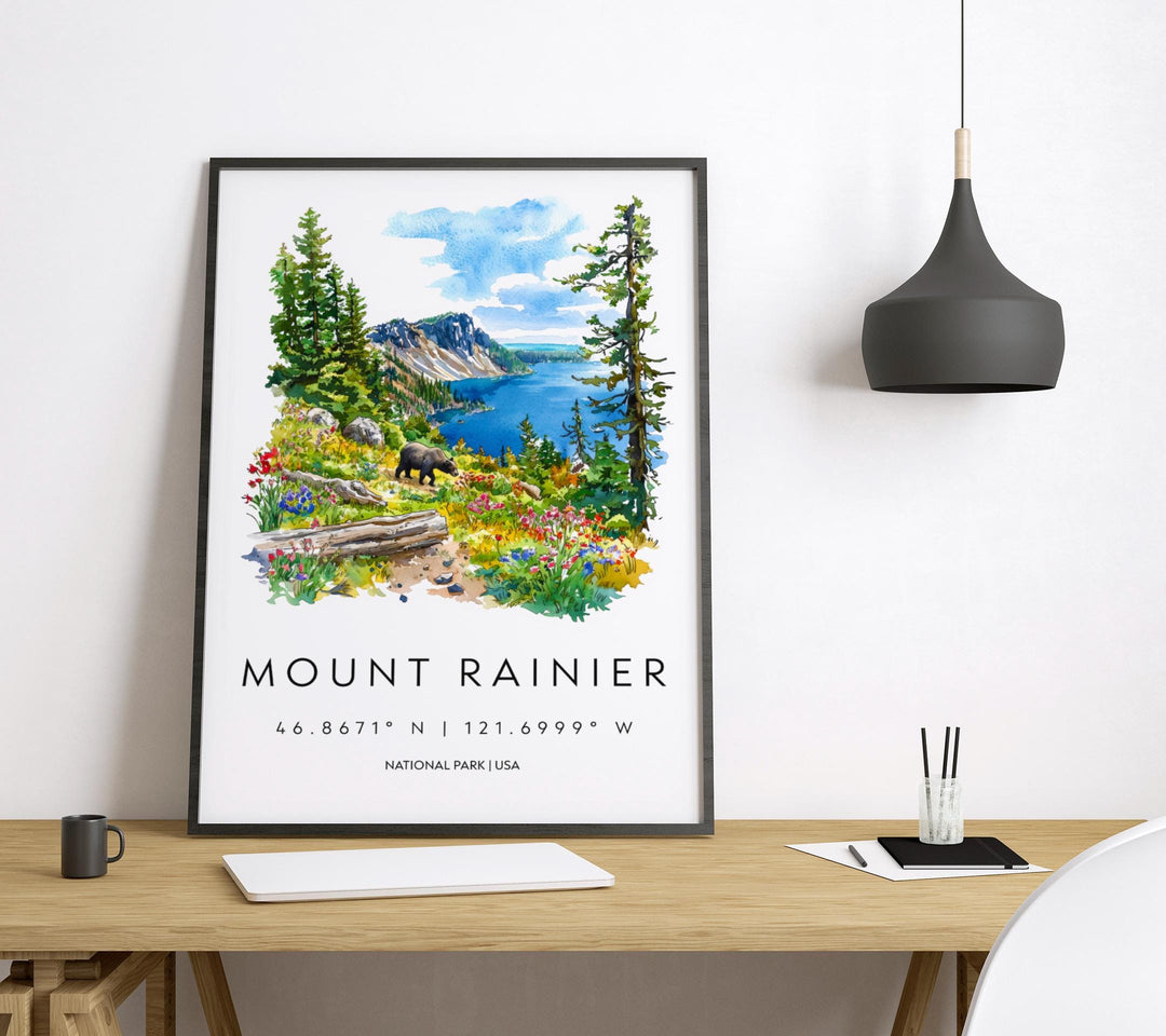Mount Rainier Watercolor Poster Mount Rainier Travel Print Washington Wall Art National Park Decor Mountain Scene Alpine Landscape Print