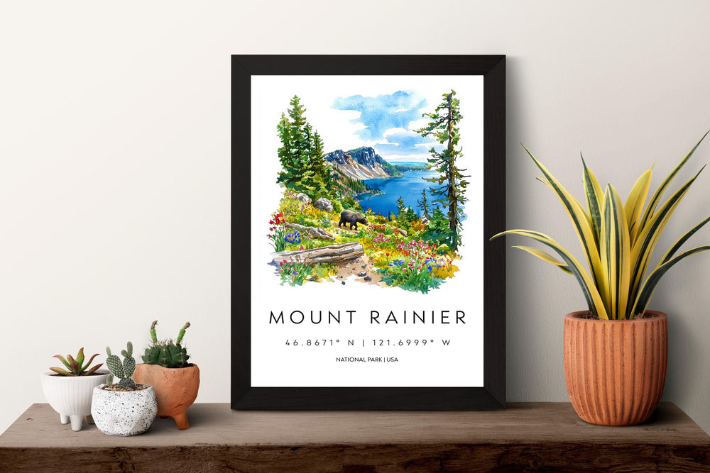 Mount Rainier Watercolor Poster Mount Rainier Travel Print Washington Wall Art National Park Decor Mountain Scene Alpine Landscape Print