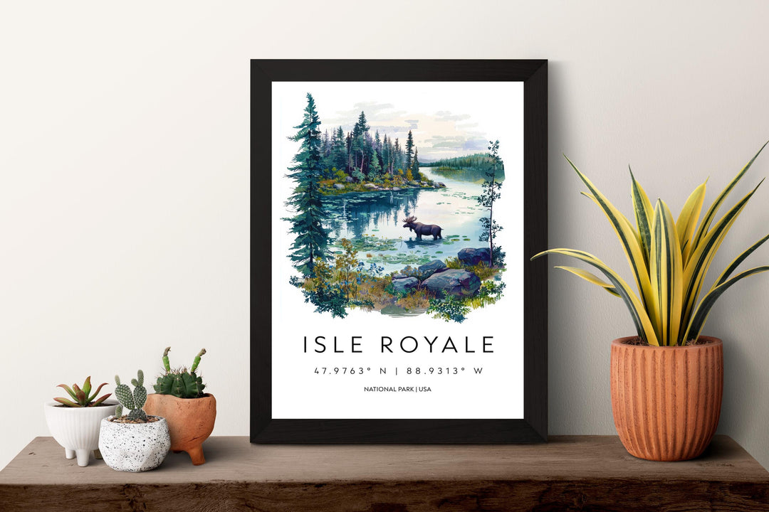 Isle Royale Watercolor Poster Isle Royale Travel Print Michigan Wall Art National Park Decor Lake Superior Landscape Wilderness Scene Print