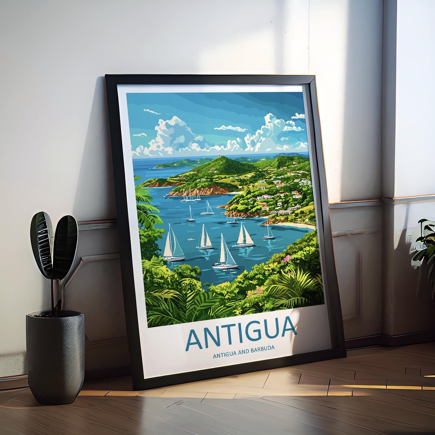 Antigua Travel Poster Caribbean Wall Art Beach Ocean View Tropical Decor Island Gift Souvenir Scene Paradise Landmark Art