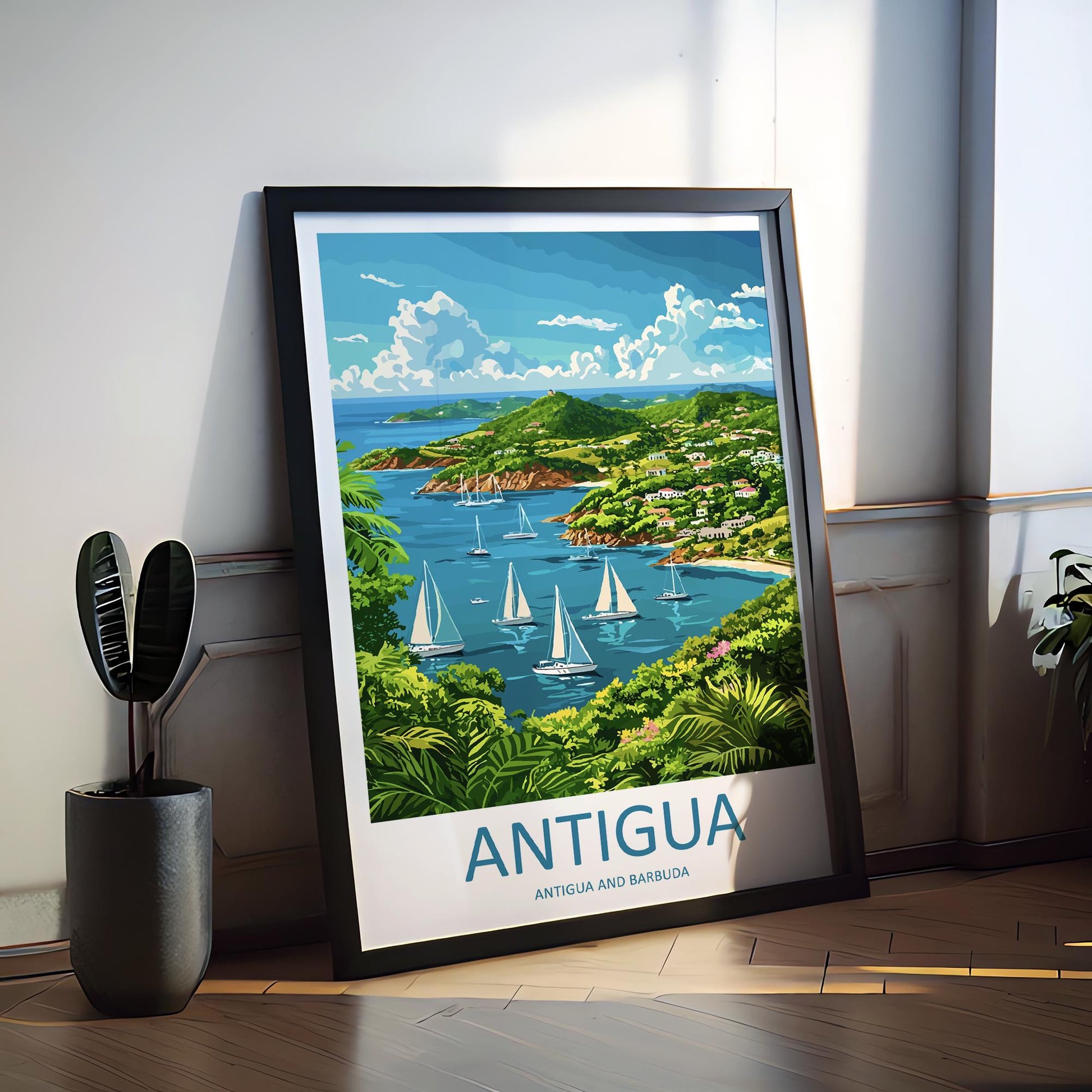Antigua Travel Poster Caribbean Wall Art Beach Ocean View Tropical Decor Island Gift Souvenir Scene Paradise Landmark Art