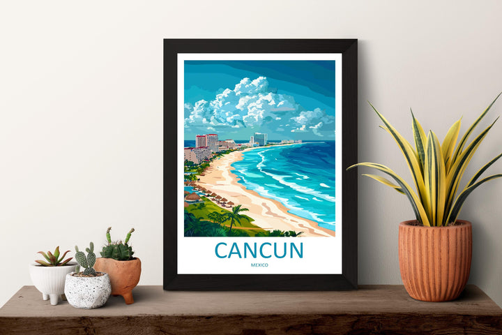 Cancun Travel Poster Mexico Wall Art Beach Ocean View Tropical Decor Mexican Gift Souvenir Scene Caribbean Landmark Art