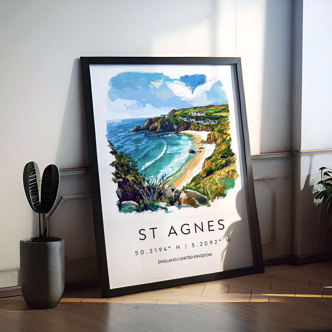 St Agnes Watercolor Poster St Agnes Cornwall Travel Print Wall Art St Agnes Home Decor St Agnes Gift Art Lovers UK Coastal Village