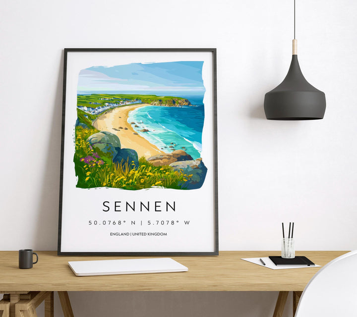 Sennen Watercolor Poster Sennen Cornwall Travel Print Wall Art Sennen Home Decor Sennen Gift Art Lovers UK Beach Surfing