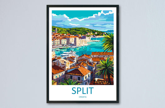 Split Travel Poster Croatia Wall Art Coastal City Print Adriatic View Illustration Old Town Decor Diocletian Palace Gift Souvenir