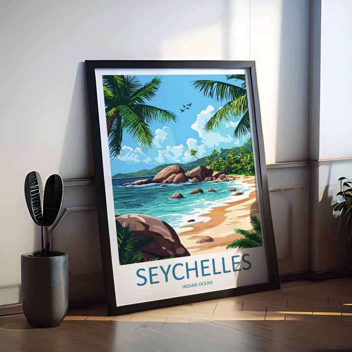 Seychelles Travel Poster Indian Ocean Wall Art Island Beach Print Tropical View Illustration Coastal Decor Seychelles Gift Souvenir
