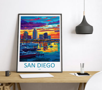 San Diego Travel Poster California Wall Art Coastal City Print Palm Tree View Illustration Waterfront Decor San Diego Gift Souvenir