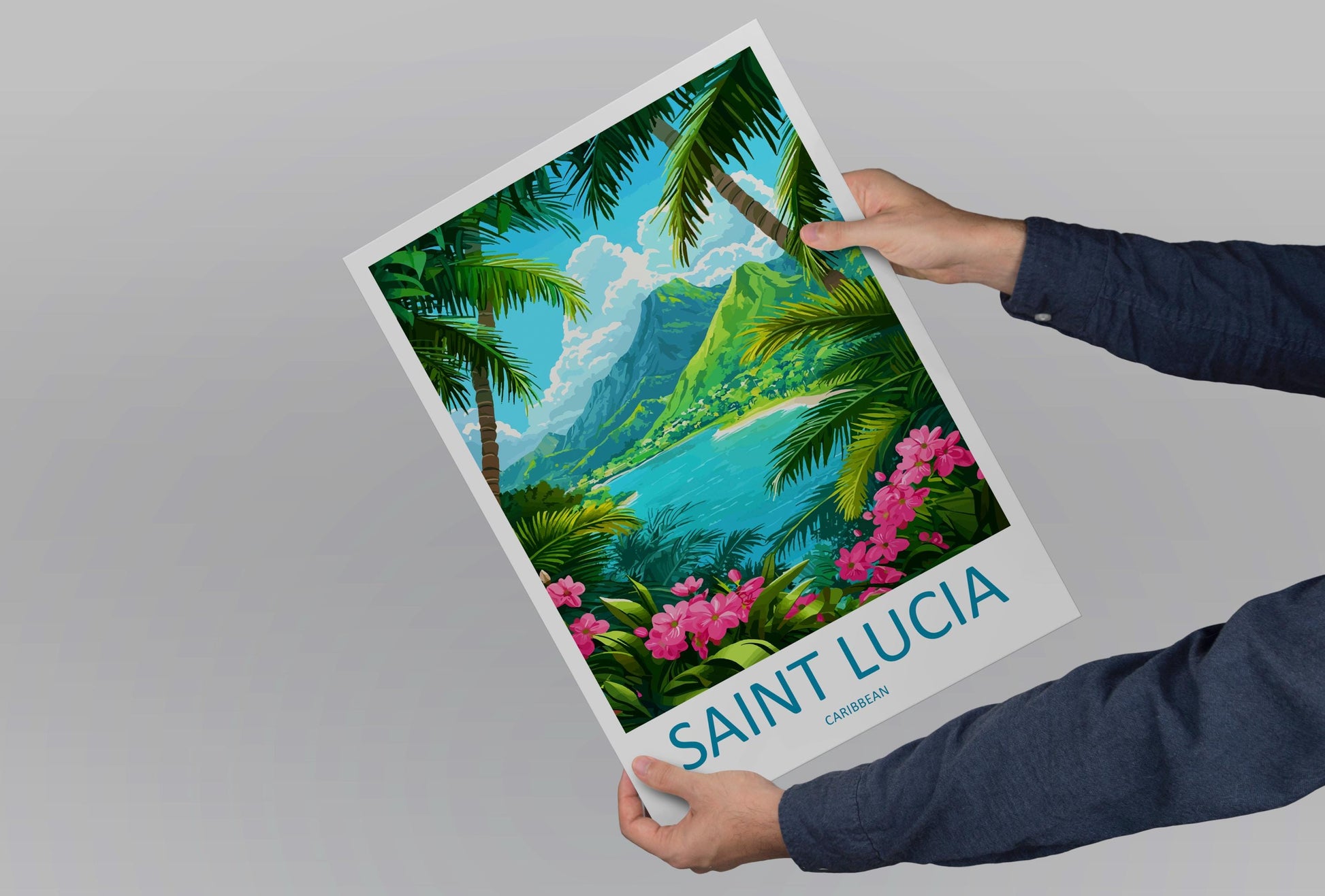 Saint Lucia Travel Poster Caribbean Wall Art Island Coast Print Pitons View Illustration Tropical Decor Saint Lucia Gift Souvenir