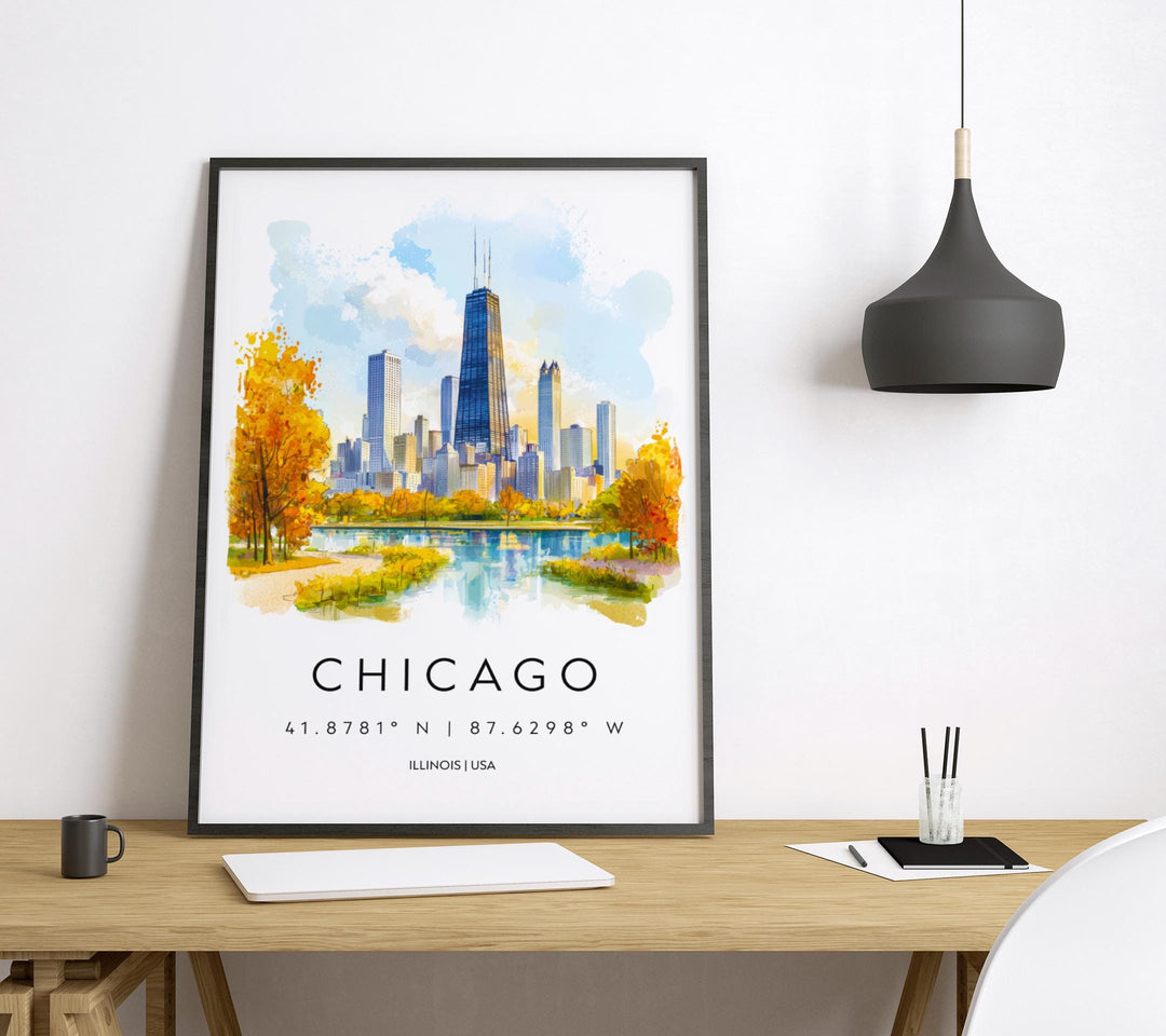 Chicago Watercolor Poster Chicago Illinois Travel Print Wall Art Chicago Home Decor Chicago Gift Art Lovers Skyline City