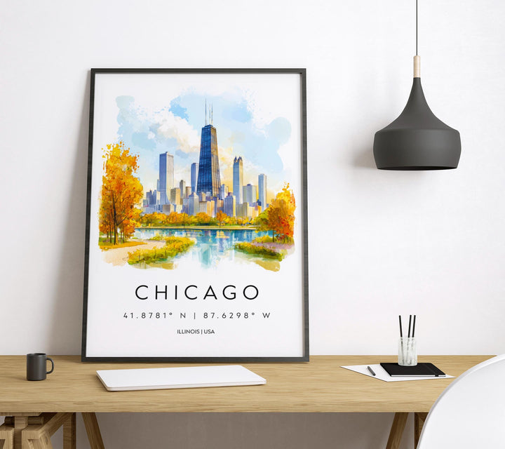 Chicago Watercolor Poster Chicago Illinois Travel Print Wall Art Chicago Home Decor Chicago Gift Art Lovers Skyline City