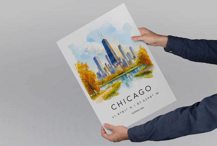 Chicago Watercolor Poster Chicago Illinois Travel Print Wall Art Chicago Home Decor Chicago Gift Art Lovers Skyline City