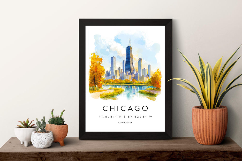 Chicago Watercolor Poster Chicago Illinois Travel Print Wall Art Chicago Home Decor Chicago Gift Art Lovers Skyline City