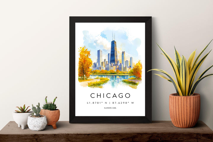 Chicago Watercolor Poster Chicago Illinois Travel Print Wall Art Chicago Home Decor Chicago Gift Art Lovers Skyline City