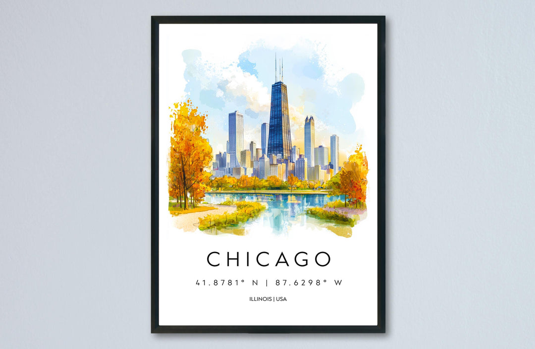 Chicago Watercolor Poster Chicago Illinois Travel Print Wall Art Chicago Home Decor Chicago Gift Art Lovers Skyline City