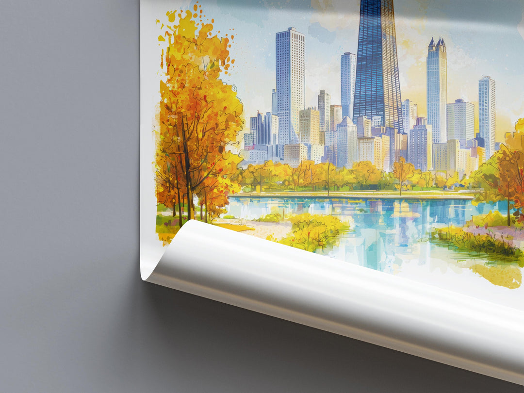 Chicago Watercolor Poster Chicago Illinois Travel Print Wall Art Chicago Home Decor Chicago Gift Art Lovers Skyline City