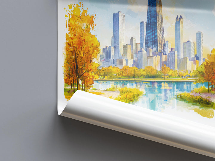 Chicago Watercolor Poster Chicago Illinois Travel Print Wall Art Chicago Home Decor Chicago Gift Art Lovers Skyline City