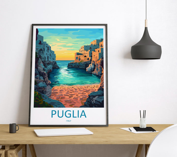 Puglia Travel Poster Italy Wall Art Coastal Village Print Trulli View Illustration Mediterranean Decor Puglia Gift Souvenir Scene