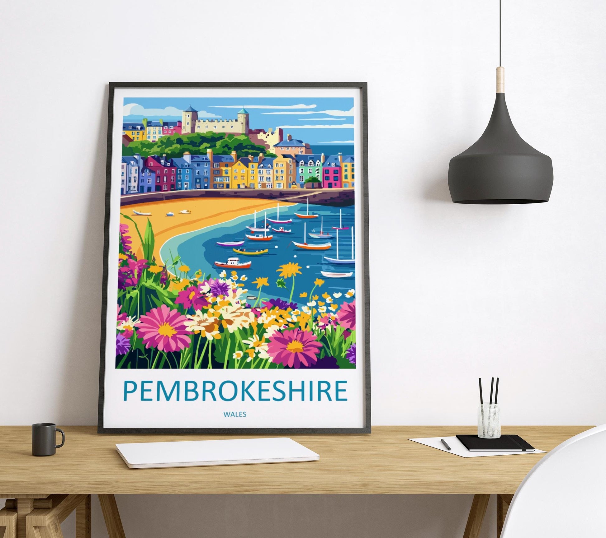 Pembrokeshire Travel Poster Wales Wall Art Coastal Town Print Seaside Path Illustration Harbour View Decor Pembrokeshire Gift Souvenir