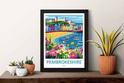 Pembrokeshire Travel Poster Wales Wall Art Coastal Town Print Seaside Path Illustration Harbour View Decor Pembrokeshire Gift Souvenir