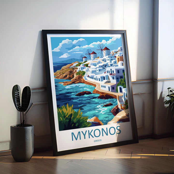 Mykonos Travel Poster Greece Wall Art Island View Print Windmill Scene Illustration Coastal Decor Mykonos Gift Souvenir Cyclades Art