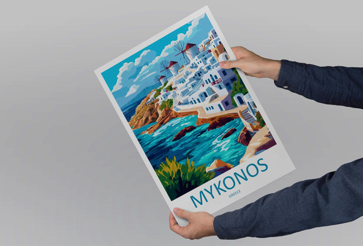 Mykonos Travel Poster Greece Wall Art Island View Print Windmill Scene Illustration Coastal Decor Mykonos Gift Souvenir Cyclades Art
