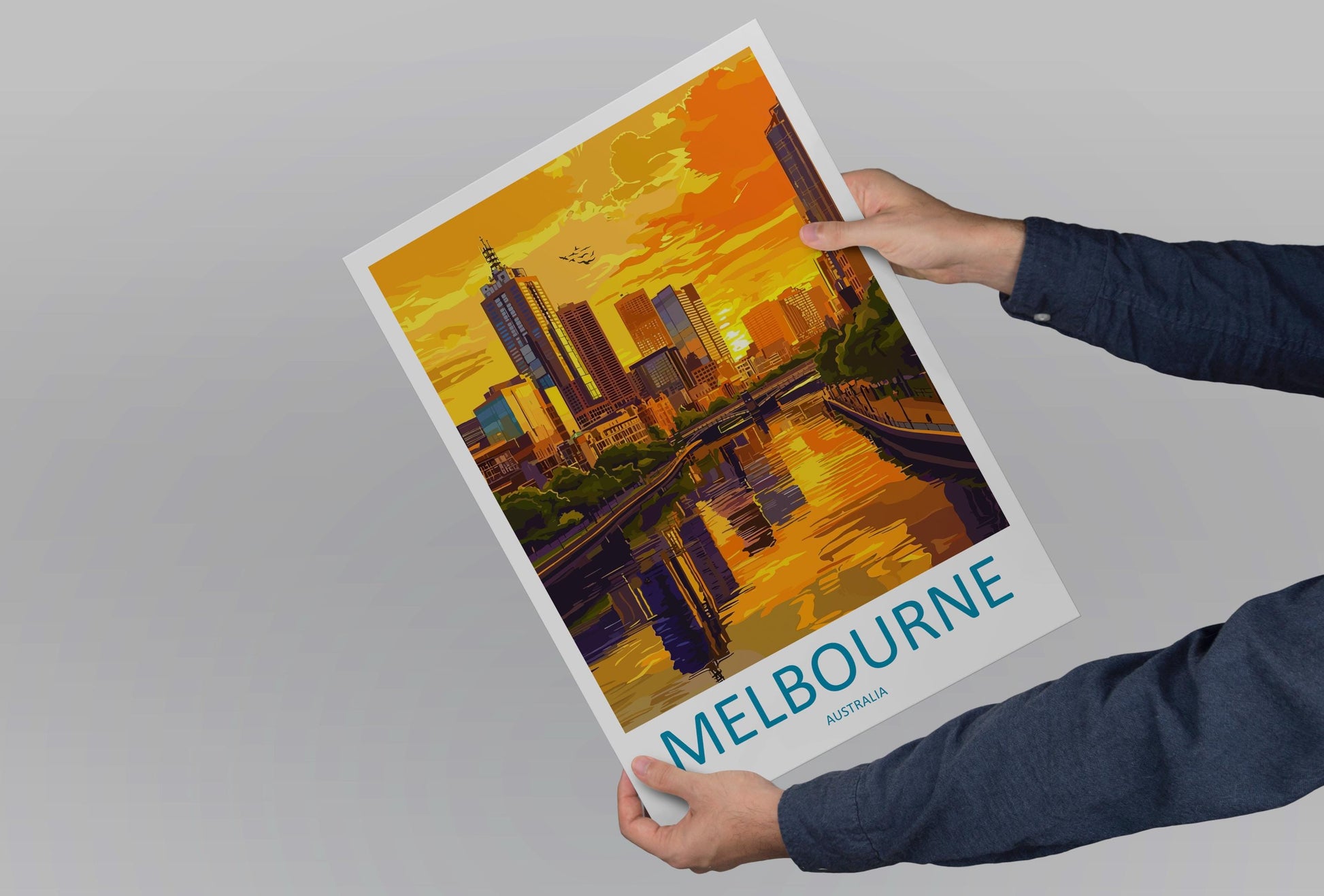 Melbourne Travel Poster Australia Wall Art Cityscape Print Yarra River View Illustration Urban Decor Melbourne Gift Souvenir Scene