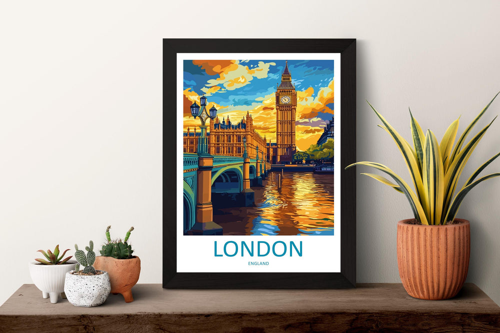 London Travel Poster England Wall Art Cityscape Print Landmark View Illustration Big Ben Decor London Gift Souvenir Scene