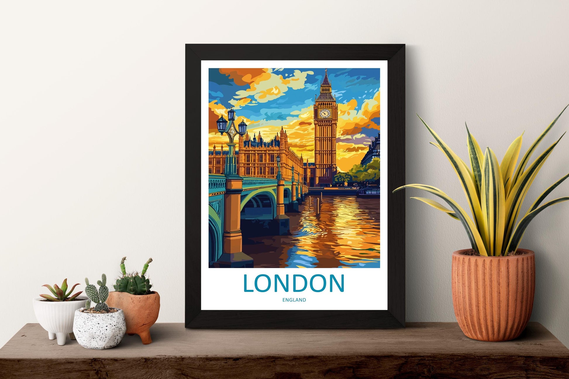 London Travel Poster England Wall Art Cityscape Print Landmark View Illustration Big Ben Decor London Gift Souvenir Scene