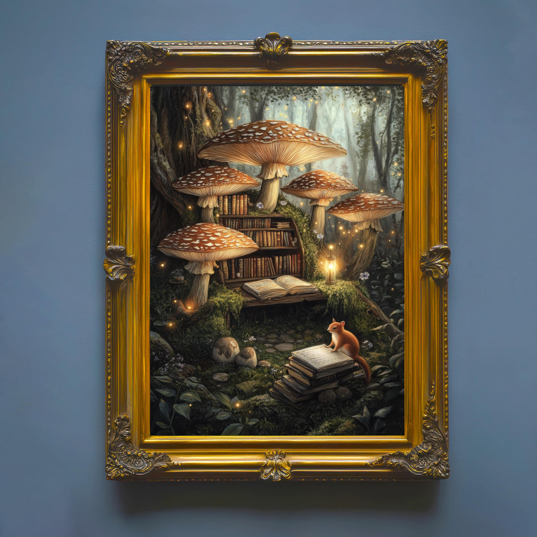 Mushroom Library Print, Vintage Cottagecore Magical Forest Art