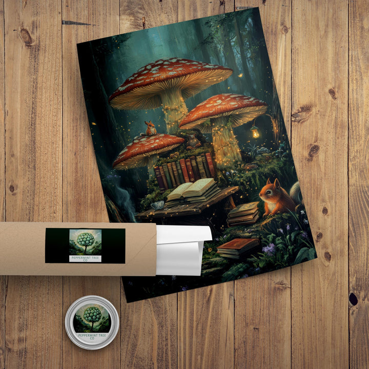 Mushroom Library Print, Vintage Enchanted Forest Art
