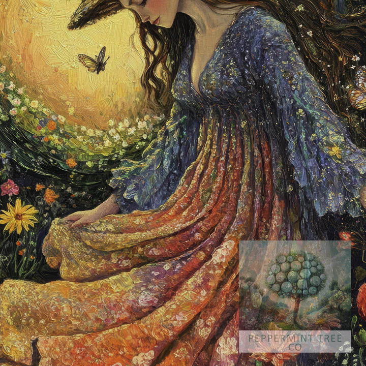 Rainbow Garden Witch Print, Vintage Cottagecore Art