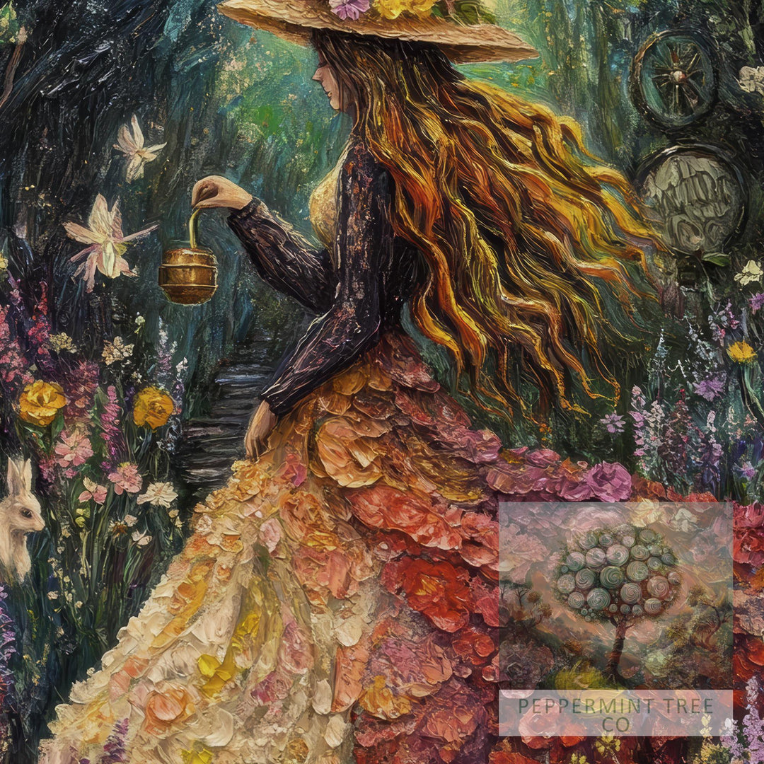 Rainbow Garden Witch Print, Vintage Cottagecore Floral Art