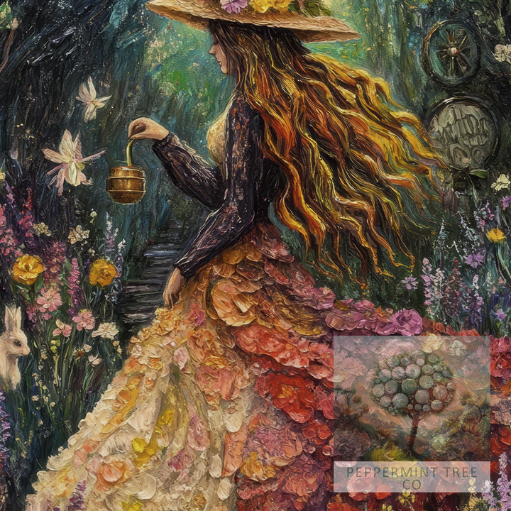 Rainbow Garden Witch Print, Vintage Cottagecore Floral Art