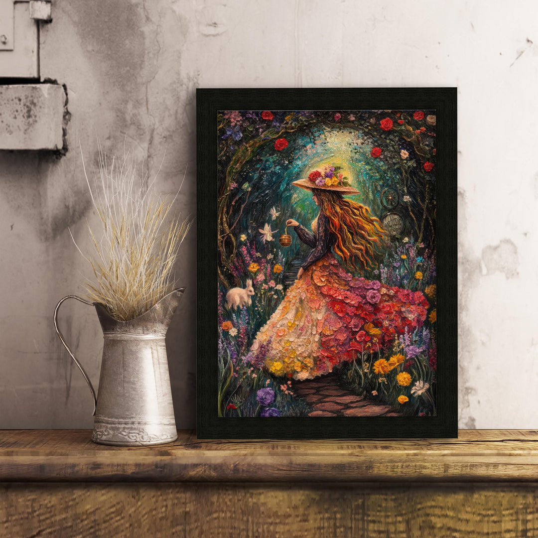 Rainbow Garden Witch Print, Vintage Cottagecore Floral Art