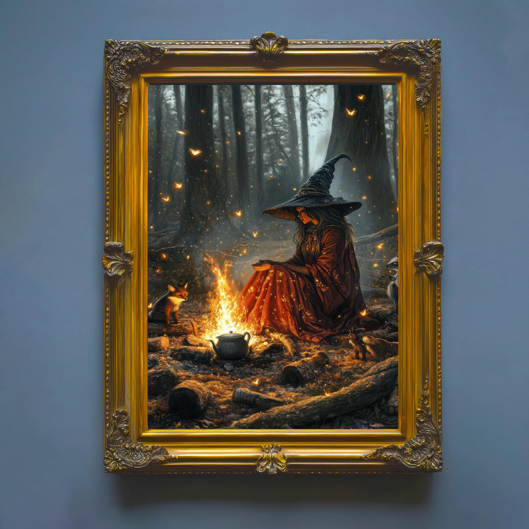 Witch by Firelight Art Print | Vintage Cottagecore Wall Decor