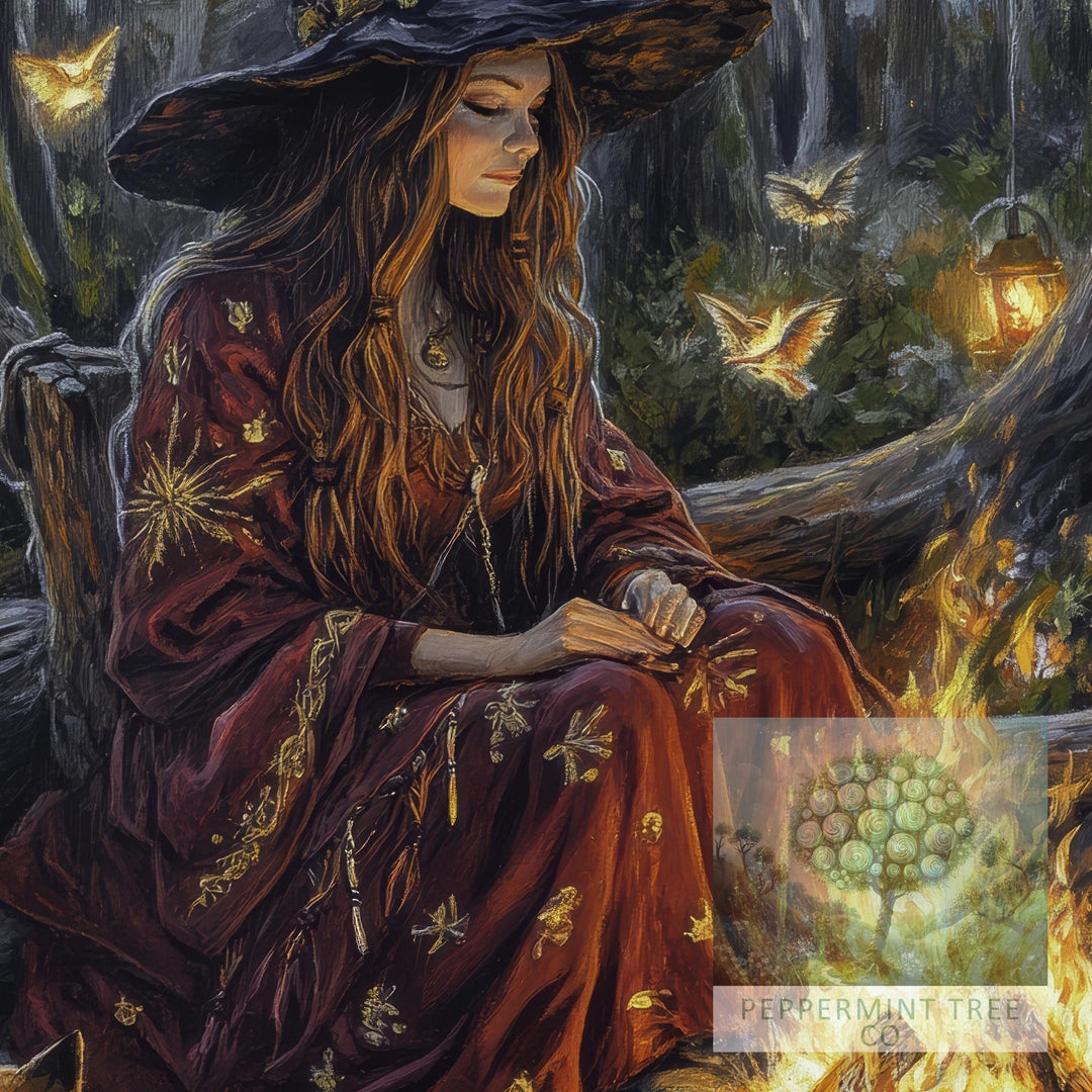 Witch by Firelight Vintage Art Print, Cottagecore Enchanted Hearth