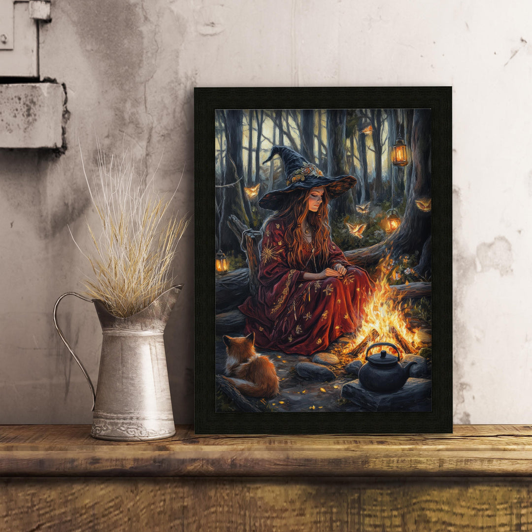 Witch by Firelight Vintage Art Print, Cottagecore Enchanted Hearth